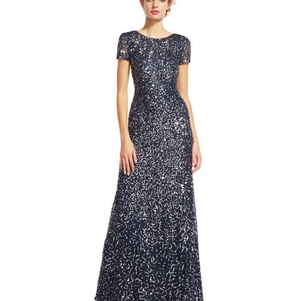 Adrianna Papell Women's Plus-Size Scoop-Back Long Beaded Gown 22W Charcoal